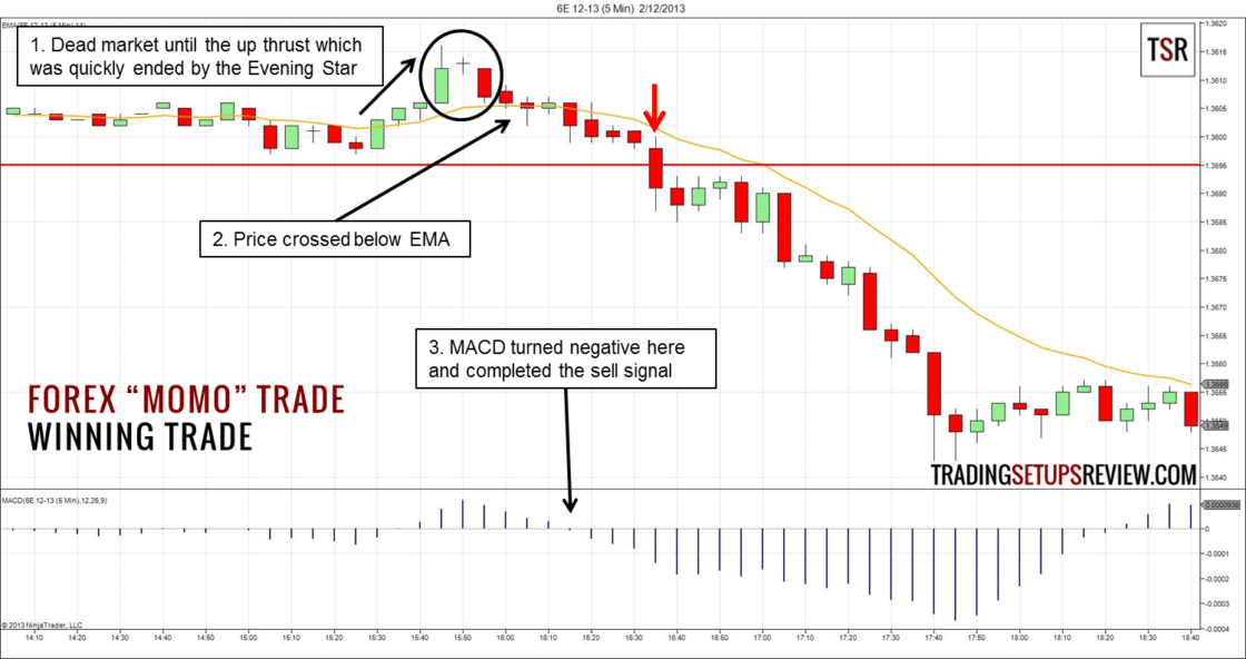 Erfolgreich Forex Trading lernen: Schritt-für-Schritt zum Erfolg (2026) Tradingchart in der das Trading Setup „Momo“-Trade erklärt wird.