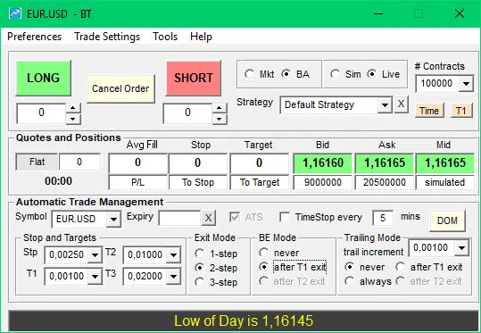 Bracket Trader Erfahrungen (2026) - ideale Software für Trade Management Bracket Trader Benutzerfläche mit Long und Short Buttons