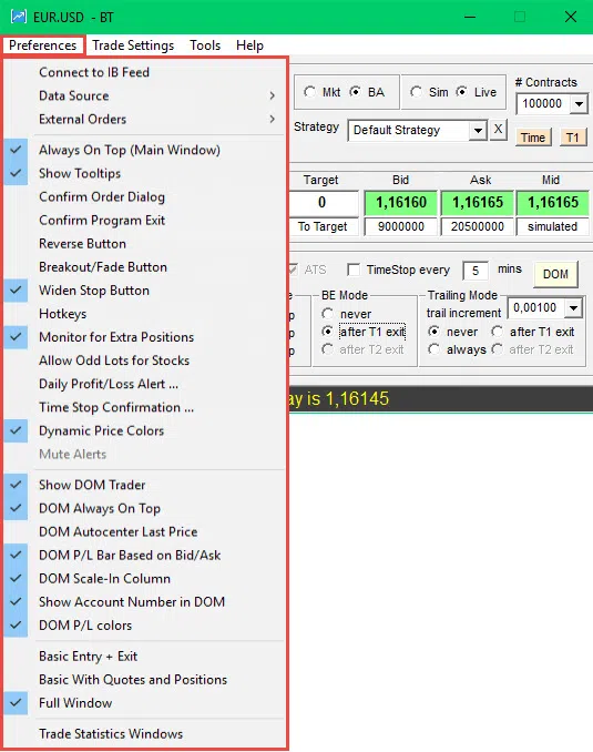 Bracket Trader Erfahrungen (2026) - ideale Software für Trade Management Bracket Trader Preferences Grundeinstellung