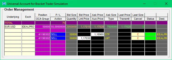 Bracket Trader Erfahrungen (2026) - ideale Software für Trade Management Bracket Trader Account Anzeige offene Orders Target 2 und Stopp Loss