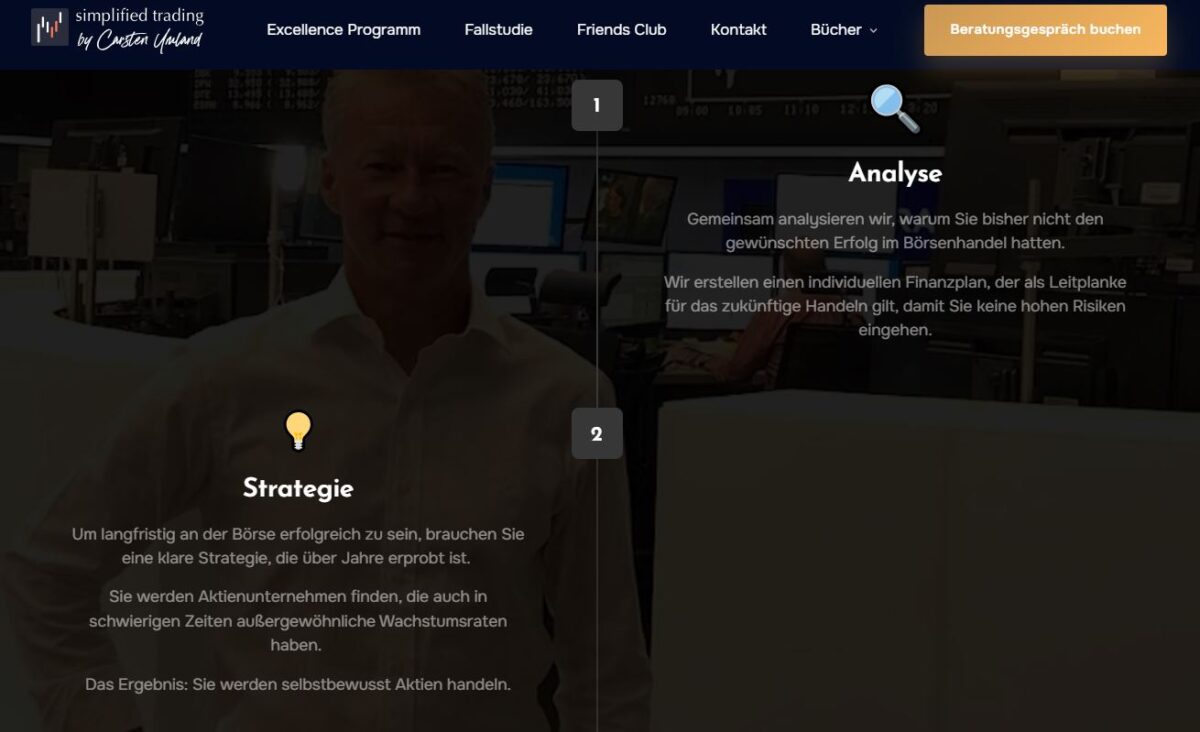 Carsten Umland – Erfahrungen mit dem Trading-Coaching & dem friends club (2026) Das Excellence Trader Programm von Carsten Umland ist ein umfassendes Investment Coaching für Führungskräfte, Selbstständige & ehemalige Angestellte mit einer Abfindung
