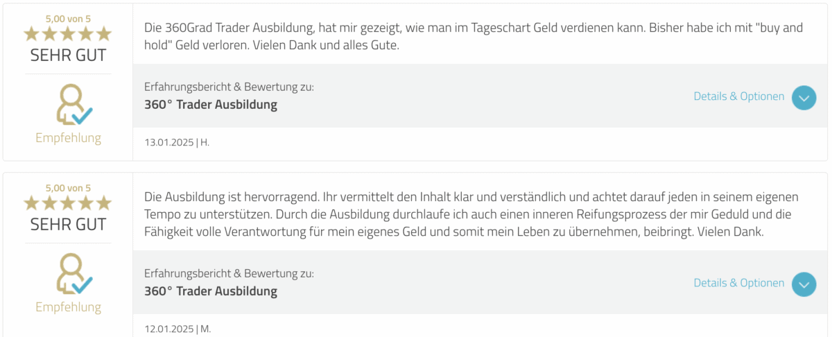 Die Lüddemann Investments GmbH – Alles über Mario Lüddemann – Angebote, Erfahrungen, Kosten (2026) Screenshot von zwei 5-Sterne-Bewertungen für die ‚360° Trader Ausbildung‘ auf einer Bewertungsplattform. Beide Bewertungen loben die Ausbildung für ihre Klarheit und Unterstützung. Eine Bewertung hebt hervor, dass sie gelernt hat, im Tageschart Geld zu verdienen, während die andere die persönliche Reifung und Verantwortungsübernahme für das eigene Geld betont