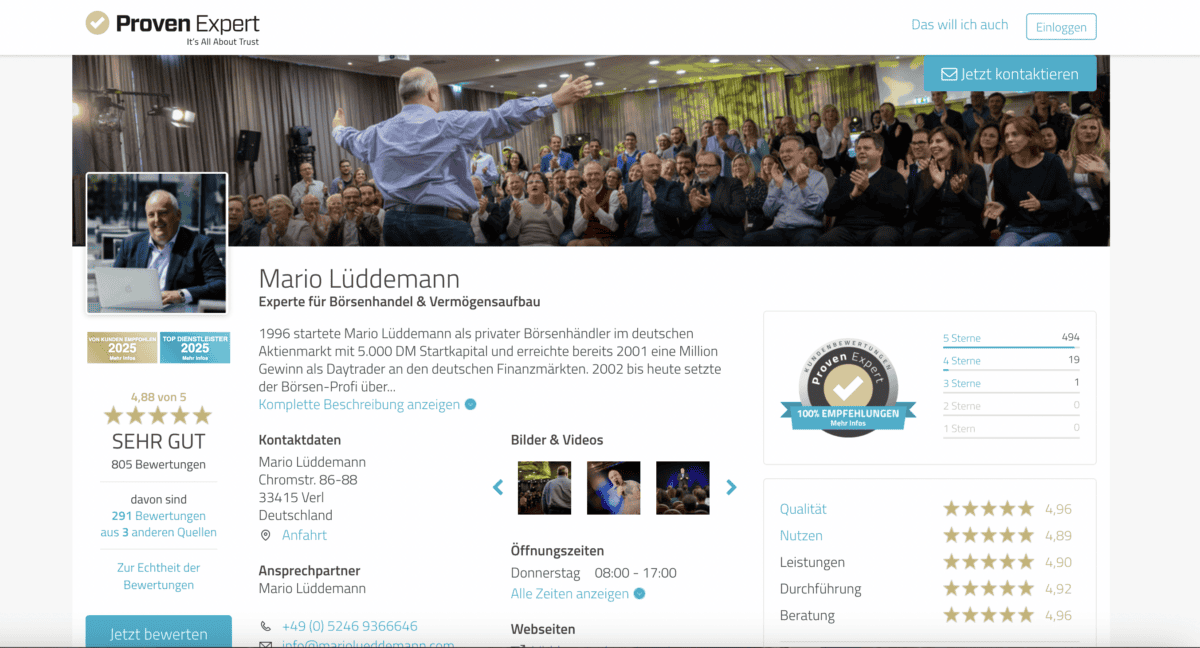 Die Lüddemann Investments GmbH – Alles über Mario Lüddemann – Angebote, Erfahrungen, Kosten (2026) Screenshot einer ProvenExpert-Bewertungsseite für Mario Lüddemann, einen Experten für Börsenhandel und Vermögensaufbau. Oben im Bild ist ein Foto von Lüddemann zu sehen, wie er auf einer Bühne vor einem applaudierenden Publikum spricht. Links befindet sich ein Profilbild von ihm am Laptop. Die Seite zeigt eine Bewertung von 4,88 von 5 Sternen basierend auf 805 Bewertungen