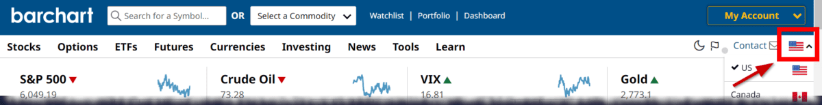 Screenshot Auswahl der Marktregion in der Menüzeile