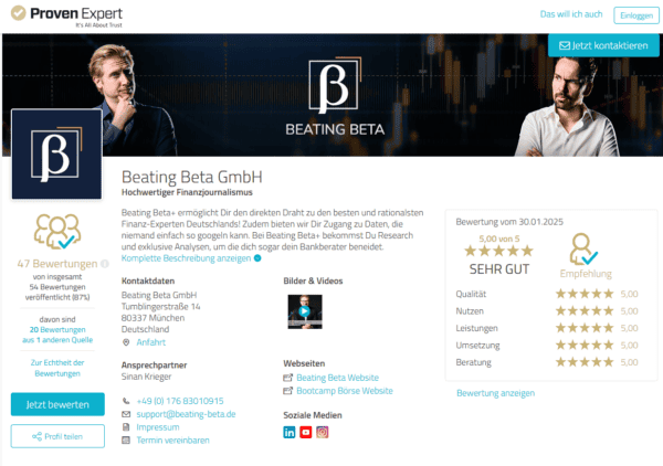 Auf dem populären Bewertungsportal ProvenExpert fallen die Erfahrungen und Bewertungen zu Beating Beta überwiegend positiv aus