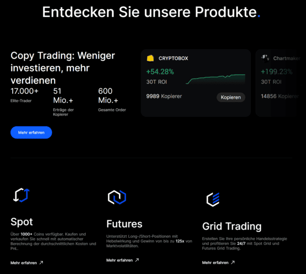 BingX bietet einen umfassenden Funktionsumfang, der vom klassischen Spot-Handel über Futures-Trading bis hin zu Copy-Trading reicht