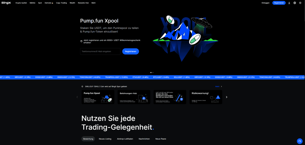 Die Startseite von BingX – Erfahrungen, Bewertungen, handelbare Kryptos und Kundenservice im Test