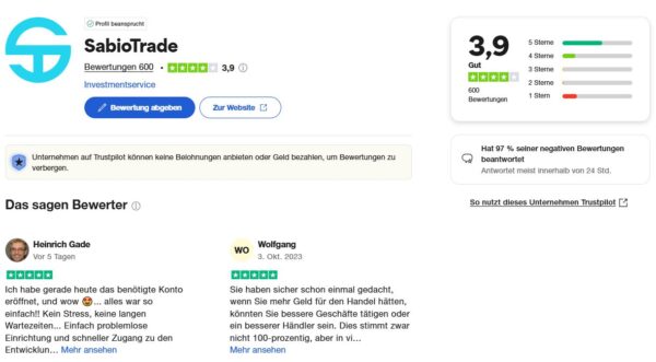 Bei Trustpilot fallen die Bewertungen und Erfahrungen mit SabioTrade überwiegend positiv aus, wenngleich es auch vereinzelt Kritik gibt