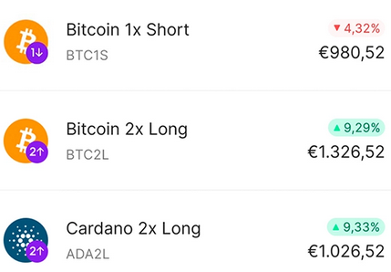 Ansicht der Auswahl von gehebelten Kryptowährungen bei Bitpanda