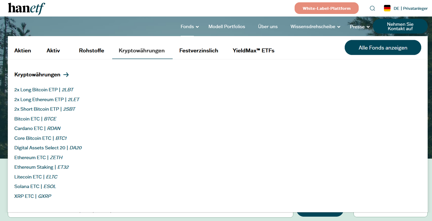 Ansicht der Auswahl von ETPs auf Kryptowährungen bei hanetf.