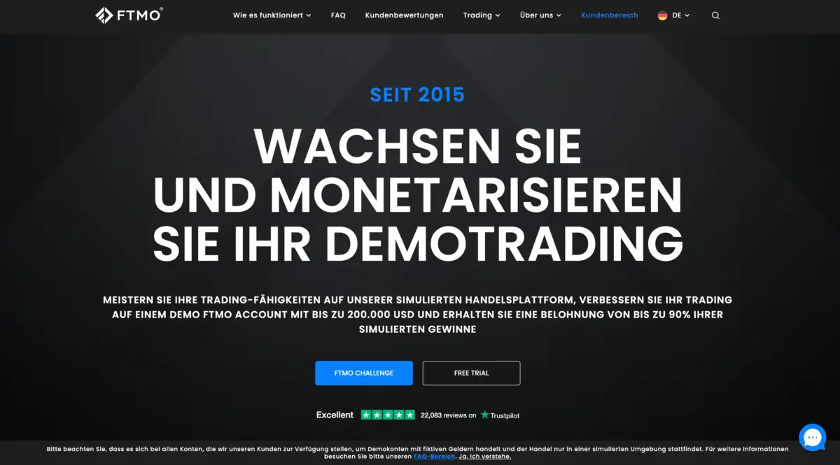 Was ist Prop Trading? Vergleich der besten Anbieter (2026) Screenshot der FTMO Website - FTMO ist eine der besten Prop Trading Firmen