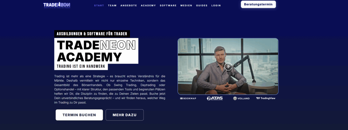 ein blick auf die webseite der tradeneon academy