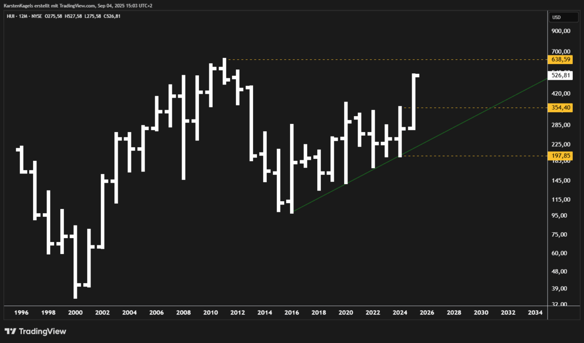 Silberaktien - Jahreschart des ARCA Gold BUGS Index (HUI)