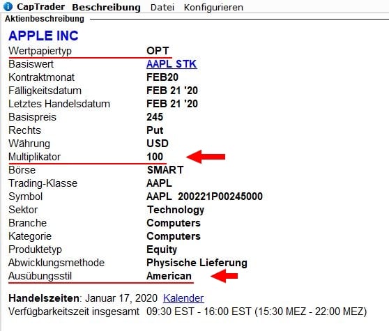 Was ist ein Short Put? Verkauf oder Schreiben einer Verkaufsoption - Erklärung und Beispiele (2026) Screenshot eines Finanzinstrument-Info am Beispiel CapTrader