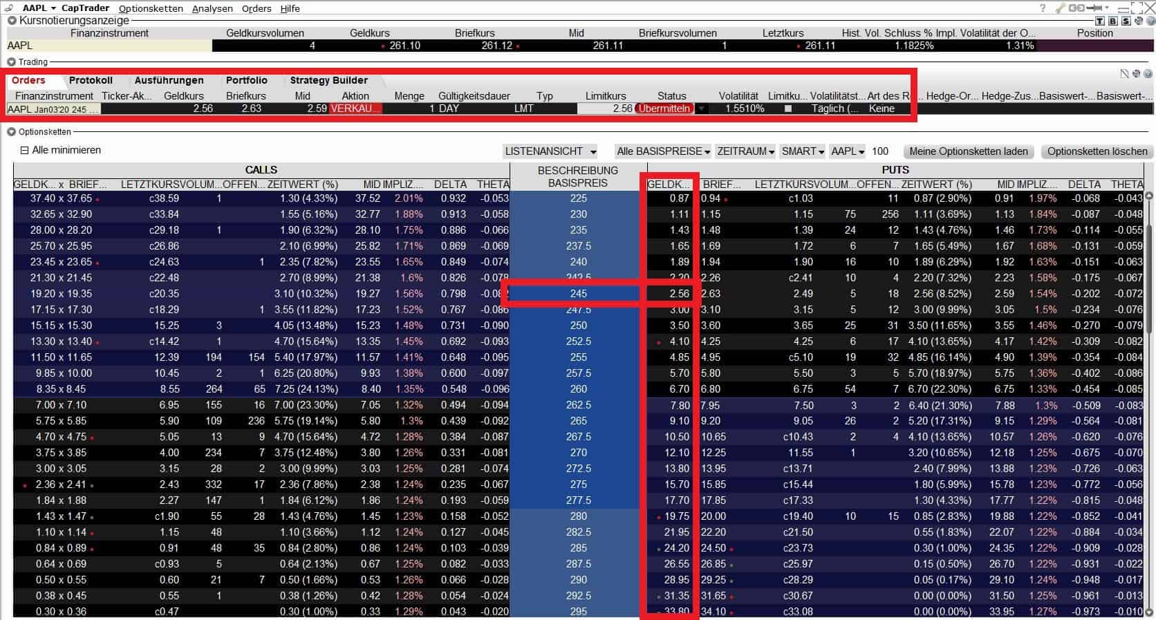 Was ist ein Short Put? Verkauf oder Schreiben einer Verkaufsoption - Erklärung und Beispiele (2026) Screenshot zeigt Optionskette von AAPL mit dargestelltem Beispieltrade