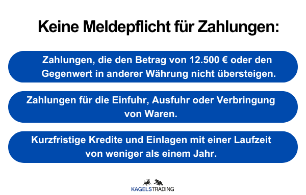 Die Grafik zeigt eine Übersicht, wo keine Meldepflicht für Zahlungen besteht.
Zahlungen, die unter 12.500 Euro betragen.Zahlungen für die Einfuhr, Ausfuhr oder Verbringung von Waren, kurzfristige Kredite und Einlagen mit einer Laufzeit von weniger als einem Jahr.