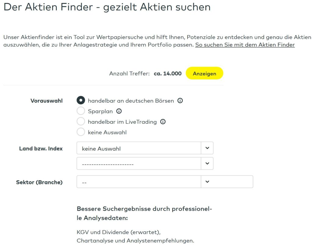 Aktienfinder.net – Erfahrungen, Kosten und Vergleich (2026) Screenshot des Aktienfinders von comdirect. Das Tool ermöglicht die gezielte Suche nach handelbaren Aktien basierend auf Auswahlkriterien wie Börsenhandel, Sparplan, LiveTrading, Land/Index und Branche. Zusätzlich werden professionelle Analysedaten wie KGV, Dividende, Chartanalyse und Analystenempfehlungen genutzt