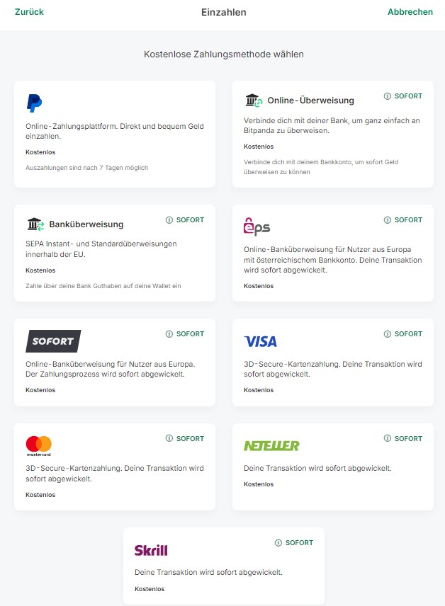 Aktuell stehen bei Bitpanda die folgenden Methoden für Einzahlung und Auszahlung zur Verfügung