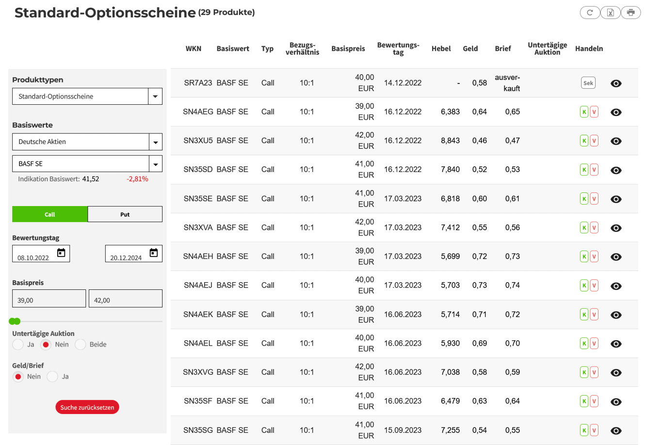Optionsscheinrechner verstehen & optimal nutzen – der ultimative Guide (2026) Ansicht Optionsscheinsuche bei der Societe Generale