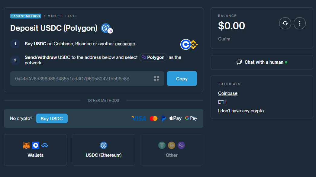 Bei der Anmeldung fordert dich Polymarket auf, USDC über die Polygon Chain einzuzahlen
