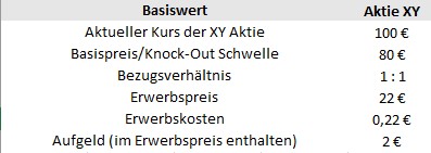 Tabelle mit den Details eines Turbo Long auf die Aktie XY. Der aktuelle Kurs der Aktie beträgt 100 €, die Knock-Out-Schwelle liegt bei 80 €. Das Bezugsverhältnis ist 1:1. Der Erwerbspreis des Turbo Long beträgt 22 €, mit Erwerbskosten von 0,22 € und einem Aufgeld von 2 €, das im Erwerbspreis enthalten ist.