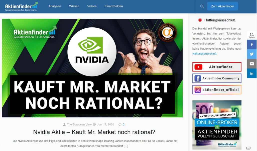 Aktienfinder.net – Erfahrungen, Kosten und Vergleich (2026) Screenshot eines Blogbeitrags auf Aktienfinder.net mit der Überschrift 'Kauft Mr. Market noch rational?' und dem Nvidia-Logo. Ein Mann mit Brille und Bart zeigt eine begeisterte Reaktion. Auf der rechten Seite sind Social-Media-Links und ein Haftungsausschluss zum Wertpapierhandel zu sehen.