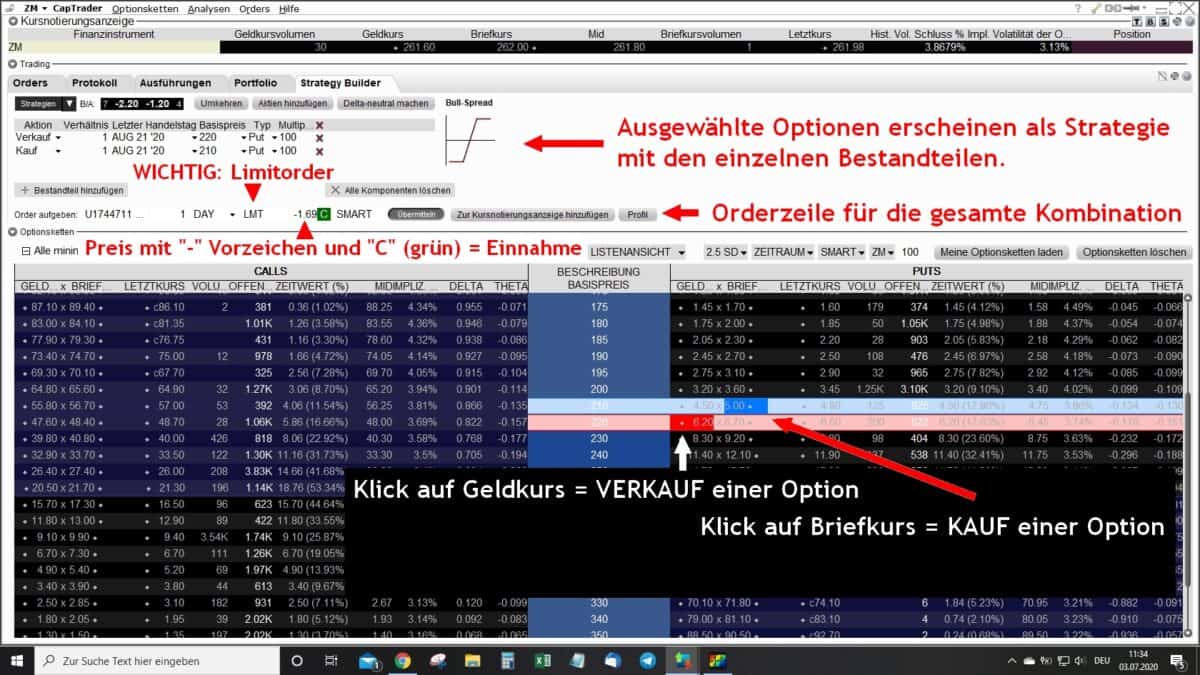 Der OptionTrader in der TWS - Bilden einer Strategie mit Hilfe der Optionskette