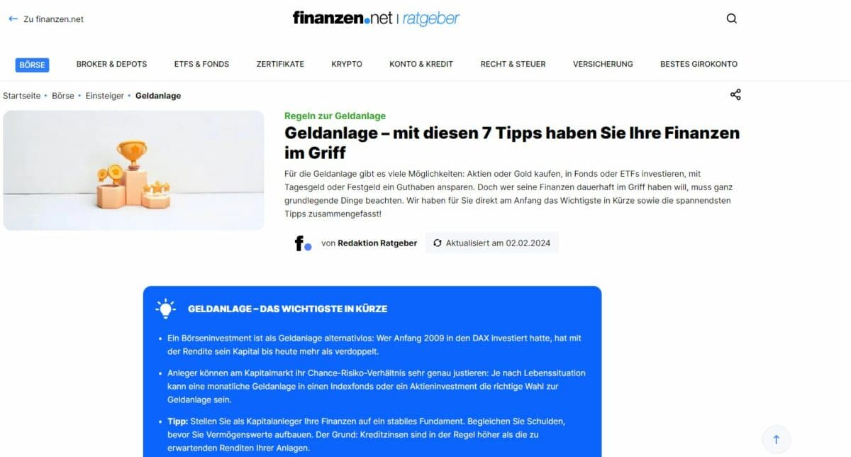 Finanzen.net: Erfahrungen, Kosten, Seriosität, Test (2026) Der finanzen.net Ratgeber ist eine eigene Unterseite, die Einsteiger mit grundlegendem Wissen zum Thema Börse und Investieren versorgt