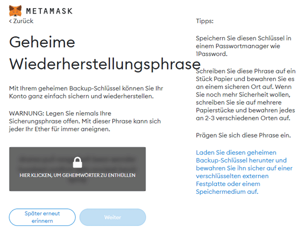 Direkt bei der Wallet Einrichtung bekommst du von MetaMask einen Private Key, den du unbedingt sicher abspeichern musst