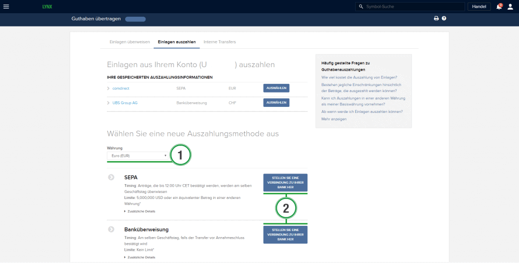 LYNX, der beliebte Online Broker im Fokus: Erfahrungen, Kosten, Seriosität, Test (2026) Guthaben übertragen bei Lynx. Einblick in die Kontoverwaltung.