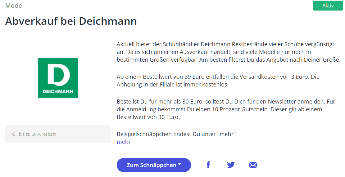 Finanztip: Erfahrungen und Test (2026) Das Bild zeigt den Vergleichsrechner von Finanztip Deals am Beispiel Deichmann.