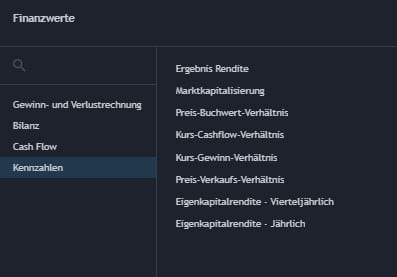 Ein Einblick in die verfügbaren Fundamentaldaten in TradingView.
