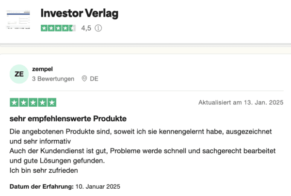 Investor Verlag positive Berwertung von trustpilot