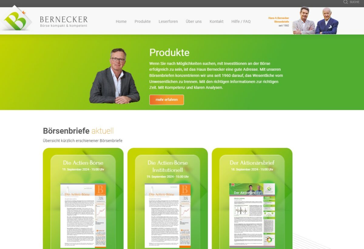 Inzwischen gibt es auf der Homepage bereits 10 unterschiedliche Bernecker Börsenbriefe zur Auswahl