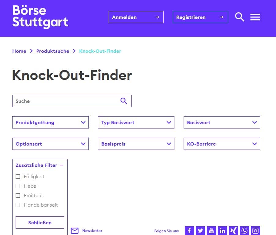 Screenshot der Webseite der Börse Stuttgart mit dem Knock-Out-Finder. Die Seite enthält eine Suchleiste und verschiedene Filteroptionen zur Auswahl von Produktgattung, Typ Basiswert, Basiswert, Optionsart, Basispreis und KO-Barriere. Zusätzliche Filter wie Fälligkeit, Hebel, Emittent und Handelbarkeit sind ebenfalls verfügbar. Oben rechts befinden sich Anmelde- und Registrierungsbuttons sowie eine Navigation.