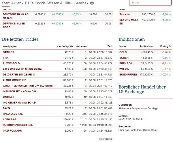 Lang & Schwarz Tradecenter – Erfahrungen, Test und Infos (2026) Anzeige letzter Trades im TradeCenter von Lang & Schwarz. inanz-Website mit einer Übersicht über die letzten Trades, Indikationen und den börslichen Handel über die LS Exchange. Oben werden Kursveränderungen für Aktien wie Deutsche Bank AG und Defiance Silver Corp. sowie für Tesla Inc. und Beyond Meat Inc. angezeigt. In der Mitte eine Tabelle mit den letzten Trades, darunter Wertpapiere wie Daimler, Visa, EUWAX Gold, PayPal und Adidas AG, mit Angaben zu Handelspreis, Volumen und Zeit. Rechts eine Tabelle mit aktuellen Indikationen für Gold, Silber, Brent Oil, WTI Oil und Bund Future. Unten eine Information über die Vorteile des börslichen Handels über LS Exchange.