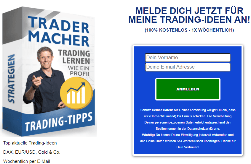Werbung für den Lars Erichsen "Tradermacher" Newsletter. Links ein Buchcover mit dem Titel "Trading-Tipps" und einem Bild von Lars Erichsen. Rechts eine Anmeldemaske mit blauen Hintergrund für die kostenlose Anmeldung zum wöchentlichen Newsletter mit Trading-Ideen.