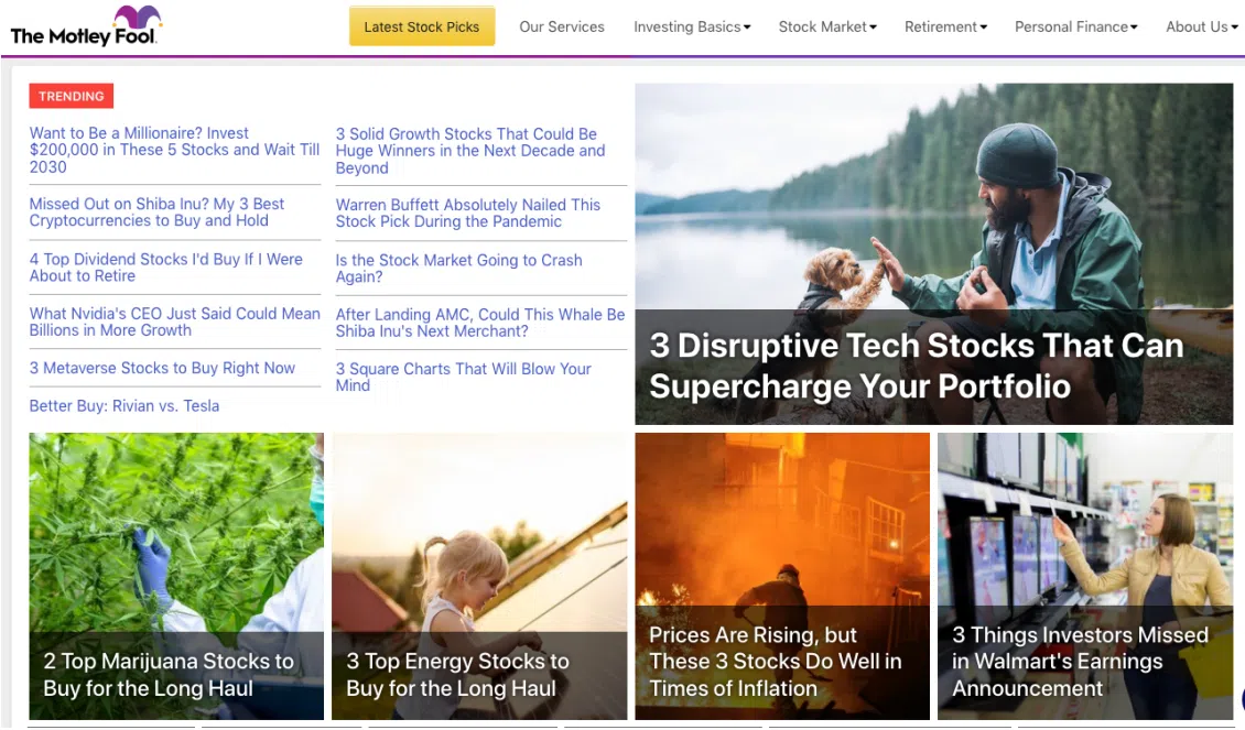 The Motley Fool: Review & Überblick (2026) Das Bild zeigt die Startseite der The Motley Fool-Website.