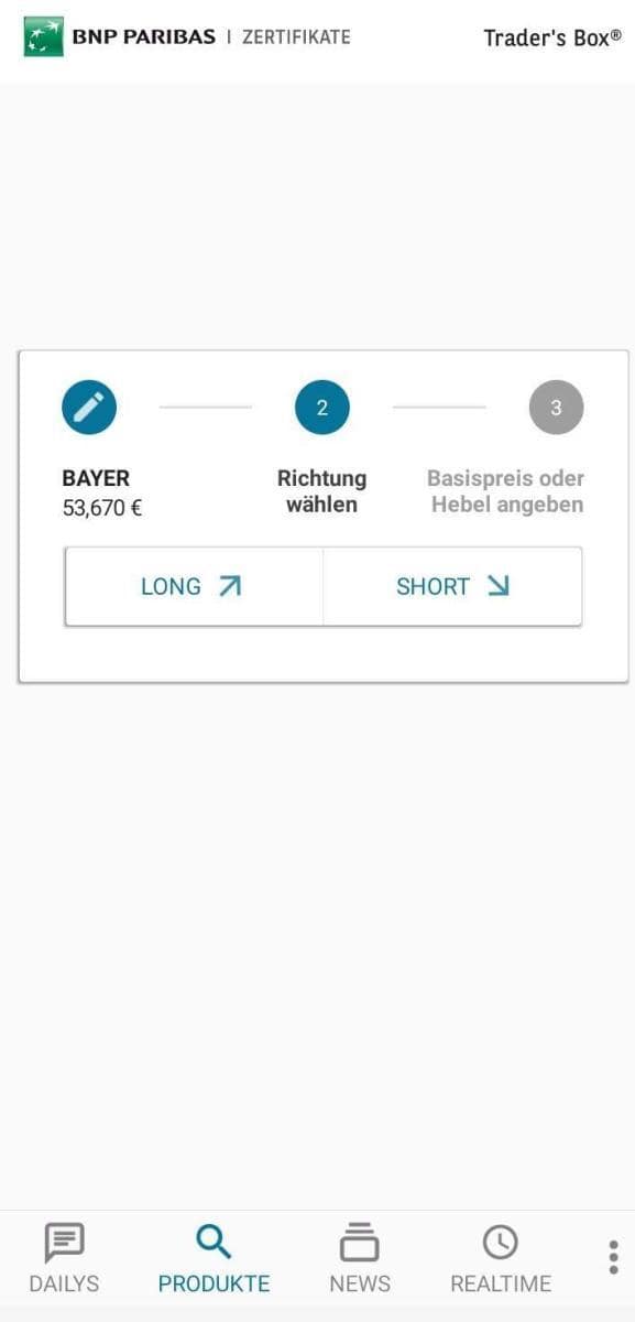 Optionscheinfinder App BNP Paribas Ansicht der Eingabe der Anlagerichtung