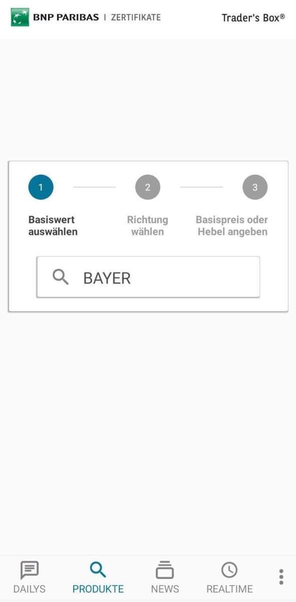 Optionsscheinfinder App BNP Paribas Ansicht der Basiswerteingabe