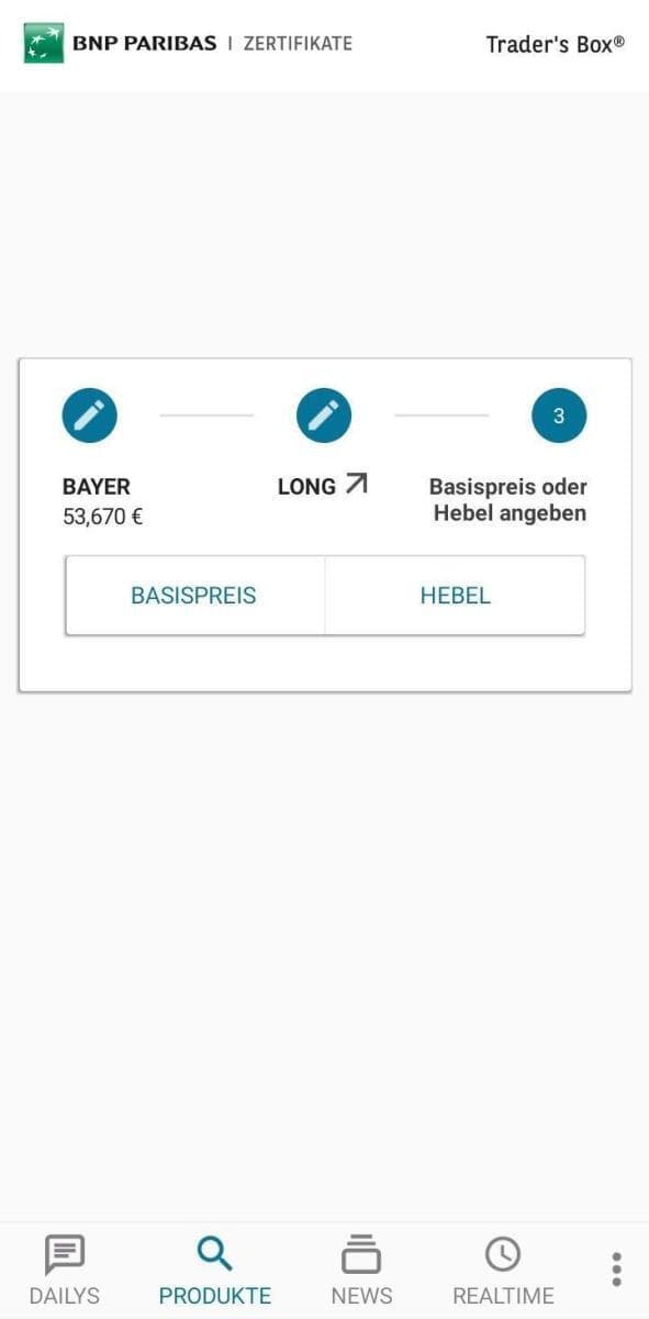 Optionsscheinfinder BNP Paribas Sucheingabe von Basispreis oder Hebel 