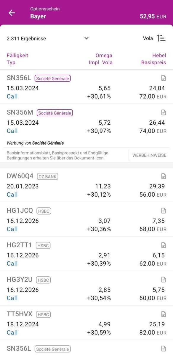 Optionsscheinfinder von Onvista in der App, Ansicht der Ergebnisliste