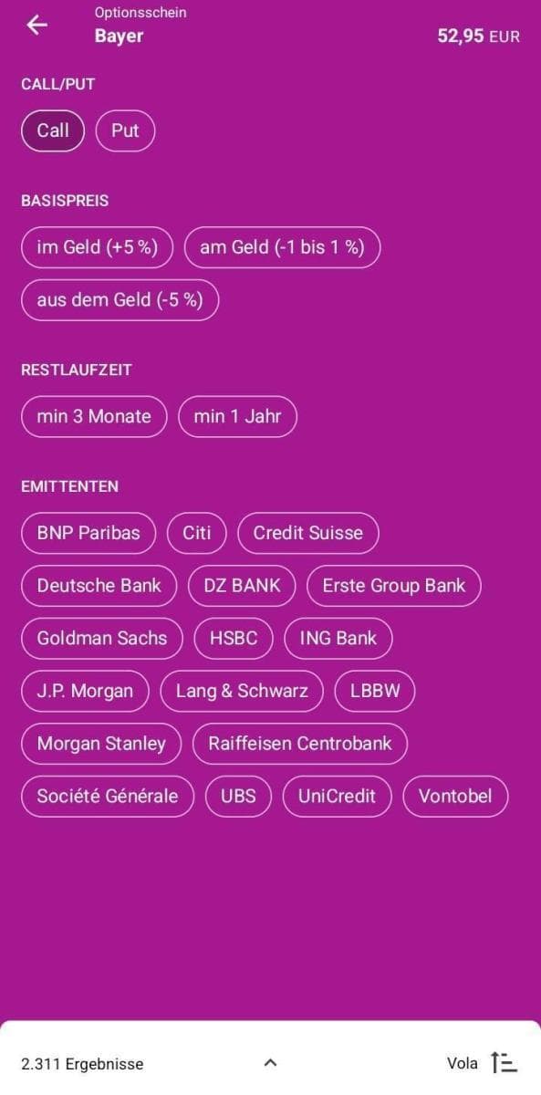 Optionsscheinfinder Onvista App, Ansicht Detailauswahl