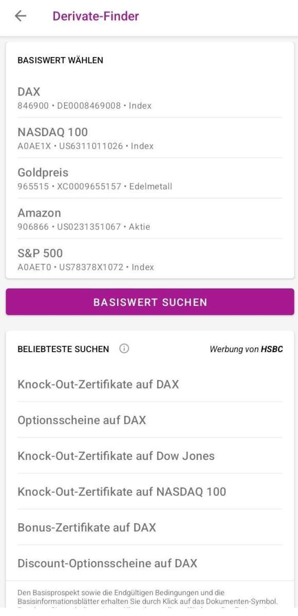 Optionsscheinfinder der Onvista App Auswahl Basiswert