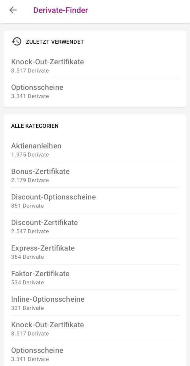 Optionsscheinfinder Onvista App Kategorieauswahl der Optionsscheine