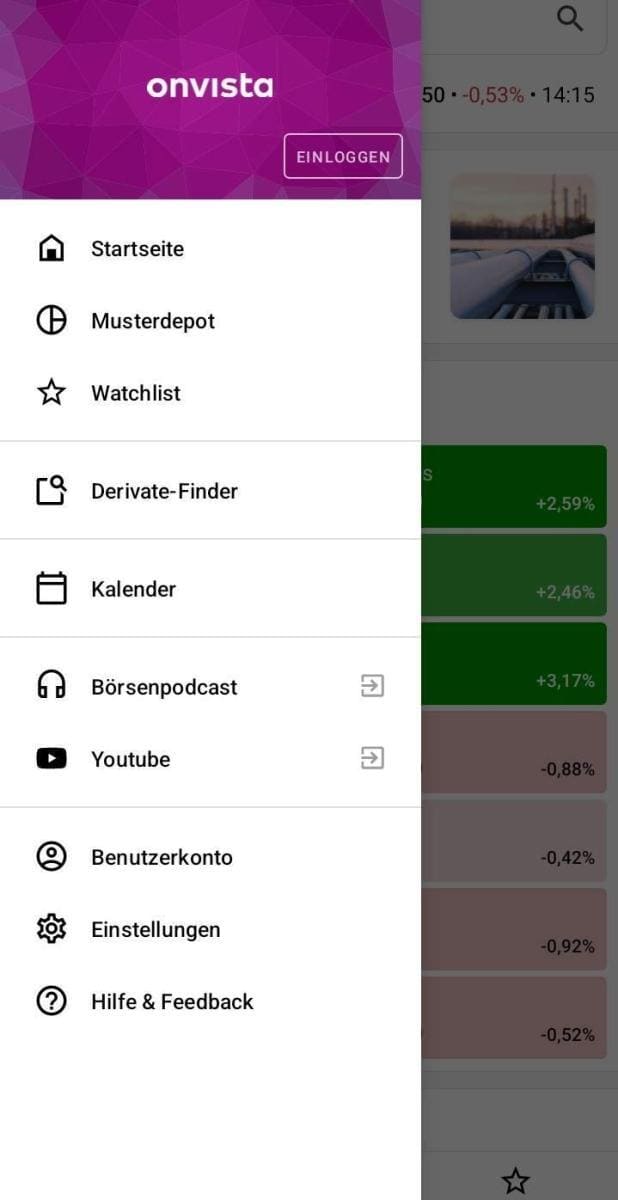 Optionsscheinfinder Onvista App, Auswahlmenü auf der Startseite