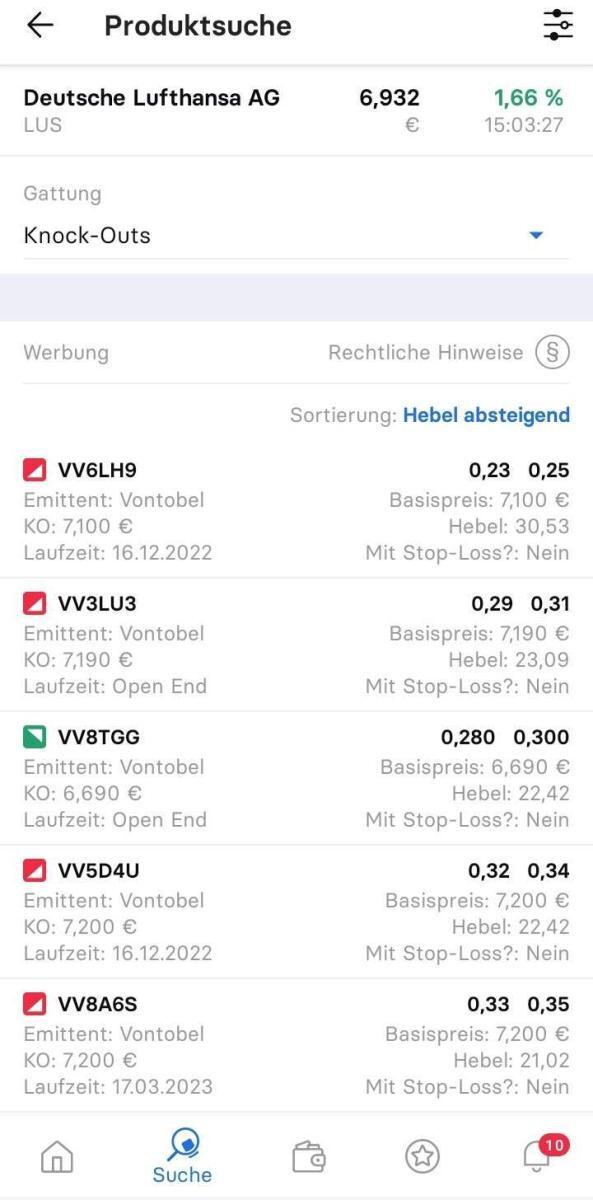 Optionsscheinfinder Stock 3 App, Anzeige Auswahl der Produktgattung