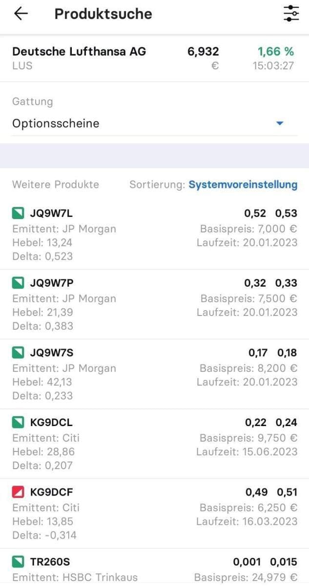 Optionsscheinfinder Stock 3 App, Anzeige der gefundenen Optionsscheine
