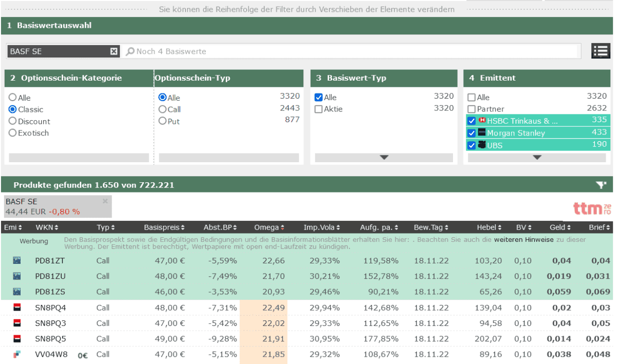 Optionsscheinfinder WallStreet Online Ergebnisliste