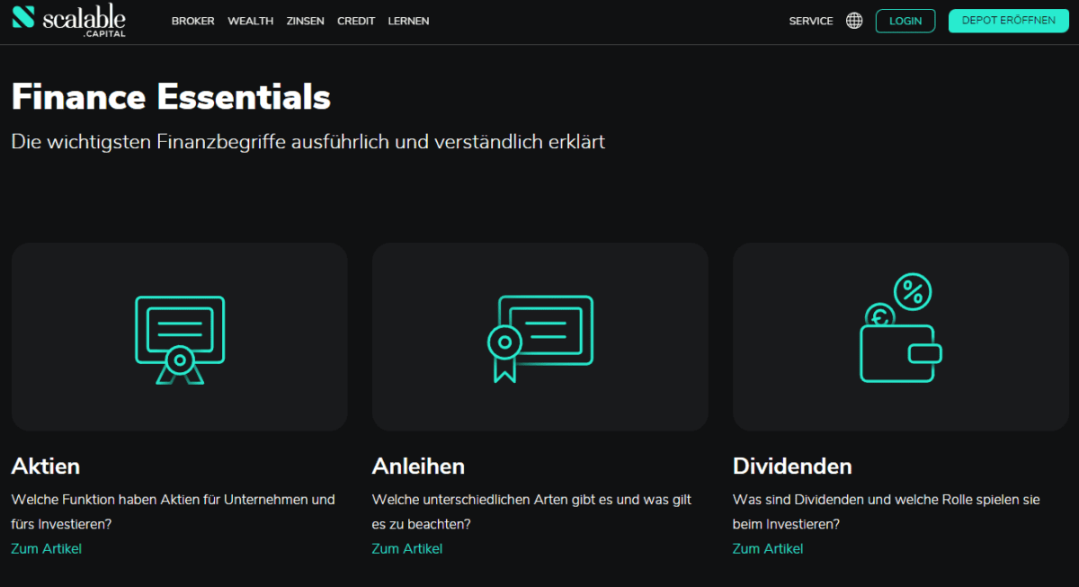 Scalable Capital, der beliebte Online Broker im Fokus: Erfahrungen, Kosten, Seriosität, Test (2026) Scalable Capital bietet auf seiner Webseite auch einen kleinen Weiterbildungsbereich an